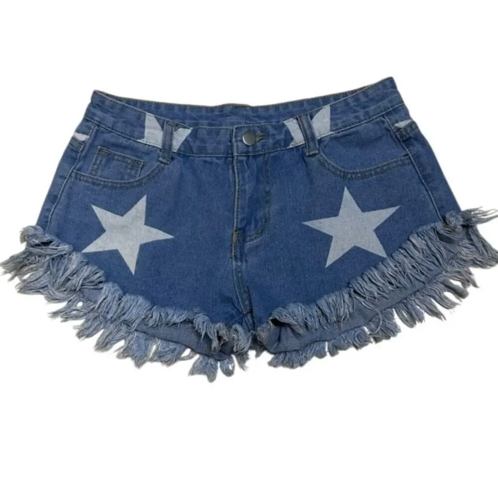 NWOT Shein Jean Shorts Women's Medium Blue Star Print Frayed Mid-rise
